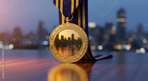 Golden Medal Reflecting City Skyline at Dusk.