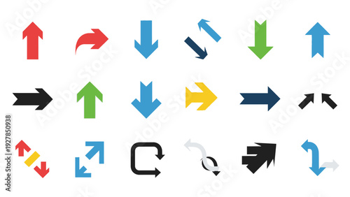 A collection of diverse arrow icons in various colors and styles on a white background