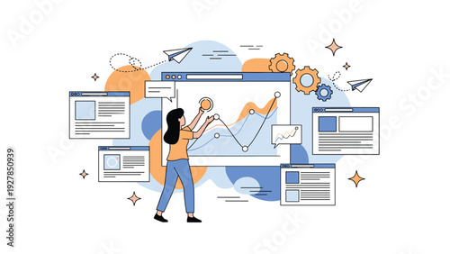 Female analyst manages complex data graphs within multiple browser windows and floating gears symbolizing efficient digital data analysis.