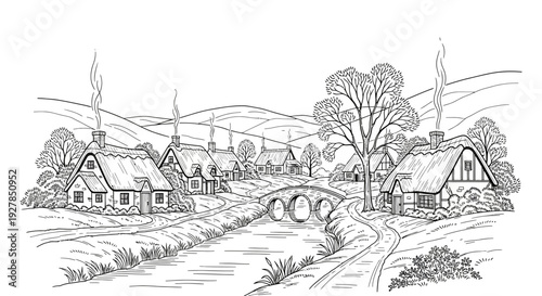 Black and white illustration of a rural village with river bridge and houses