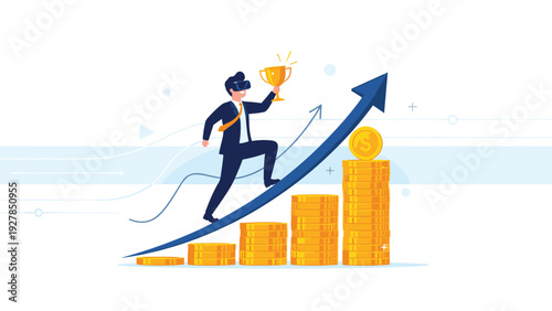 Businessman wearing a virtual reality headset celebrates a major win with a trophy while running up a rising arrow of gold coins.