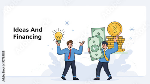 Two professional men collaborate as one holds a bright lightbulb of innovation and the other presents funds and gold coins for financing.