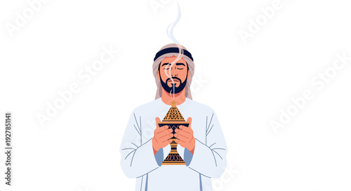Man in Traditional Arabic Clothing Holding Incense Burner.