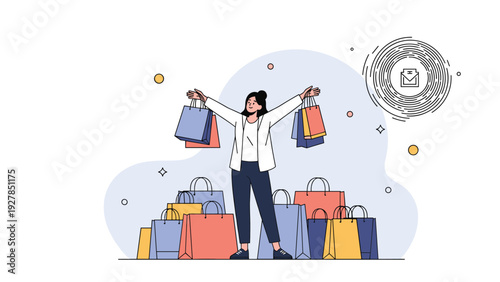 Happy shopper celebrates with arms wide open holding multiple colorful bags next to a floating email notification for order confirmation.