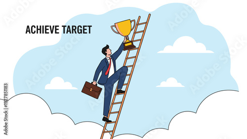 Motivated businessman in suit climbing wooden ladder towards golden trophy among clouds to achieve business target.
