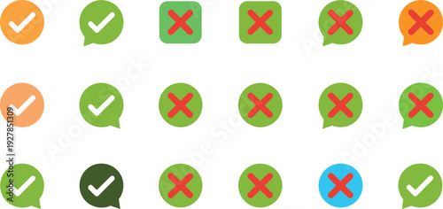 Check and Cross Icon Set, Approval and Rejection Symbols Flat Vector Illustration for User Interface, Feedback, and Validation Design