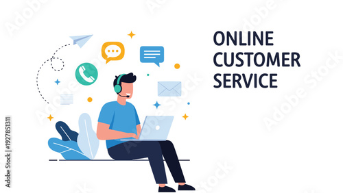 Professional male support agent wearing headset working on laptop for online customer service and technical assistance.