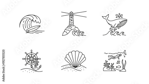 A collection of marine life and water sport icons in a minimalist line art style