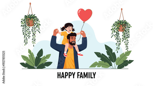 Happy bearded father carrying his young daughter on his shoulders outdoors surrounded by green plants and heart balloon.