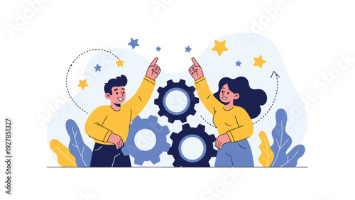 Creative team of man and woman pointing towards stars above mechanical gears representing teamwork and innovative ideas.