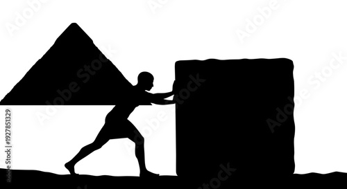 Man Pushing Large Stone Block Silhouette.