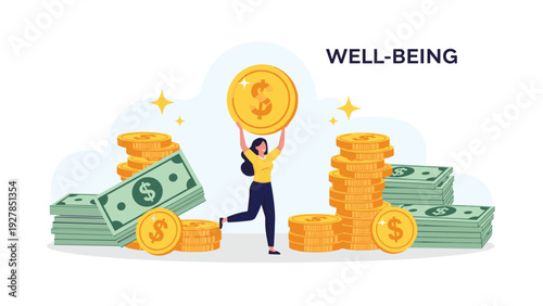 Happy successful woman holding up large gold coin among piles of cash and coins representing financial well-being.
