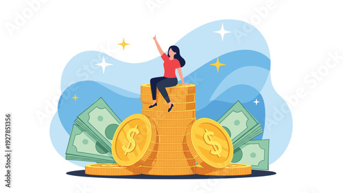 Successful young woman sitting on top of a giant stack of gold coins surrounded by cash for wealth concept.