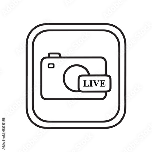 Black outline camera with a circular lens and a 'LIVE' text box in a rounded square frame, isolated on white background
