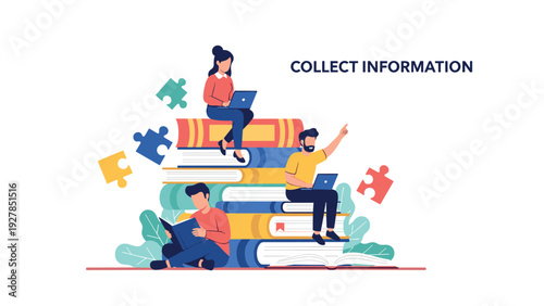 Group of people using laptops and reading books sitting on a giant stack of books for information collection concept.