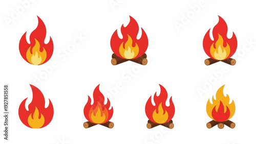 A Collection of Stylized Flat Design Campfire and Flame Icons