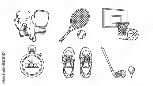A collection of sports equipment and accessories illustrated in black and white outline style