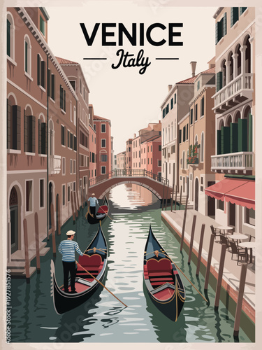 Venice travel poster, retro Italy illustration with gondoliers and Mediterranean city canal art