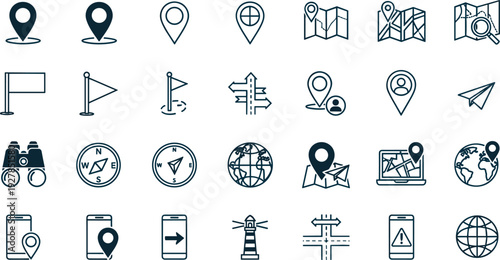 Navigation and Location Icon Set with Maps, GPS Pins, Direction Signs, Compass, and Travel Wayfinding Symbols for Mobile Apps and Vector Design Projects