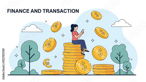 Young woman sitting on giant stack of gold coins using smartphone for digital finance and transaction concept.