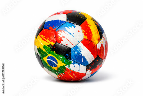 soccer ball covered in abstract colorful paint splashes inspired by international flags isolated on white background