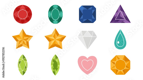Assortment of colorful and varied gemstone icons and shapes for design projects