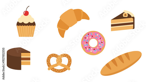 Assortment of delicious baked goods including cakes donuts croissant and bread