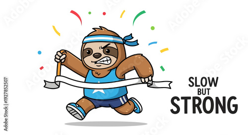 Cartoon sloth crossing finish line with colorful confetti