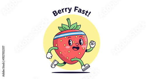 Cartoon strawberry character running fast with fitness headband on