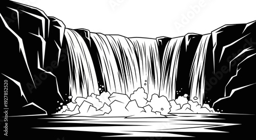 Black and white vector illustration of a cascading waterfall flowing over rocks