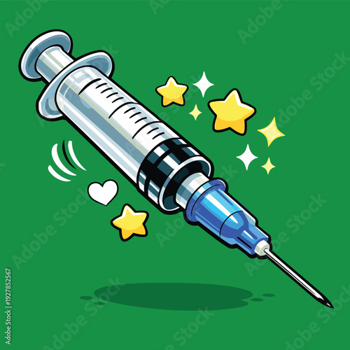 Vector image of a medical syringe in a cute, chibi cartoon version