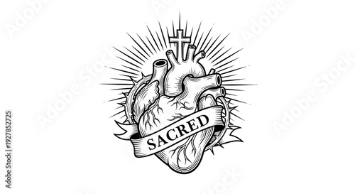 Sacred heart illustration with cross and banner on white background