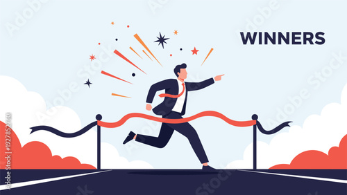 Successful businessman crossing the finish line tape with excitement and celebration for business winners concept.