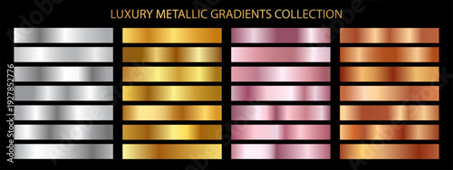 Collection of shiny, metallic silver, yellow gold and rose gold, bronze gradient swatches