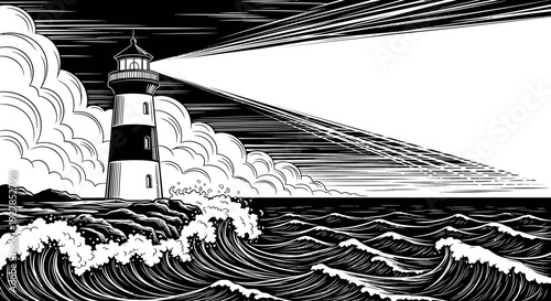 Black and white illustration of a lighthouse on a rocky coast under a cloudy sky