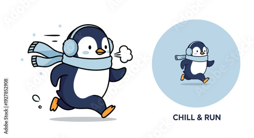 Penguin jogging with headphones in winter scenery illustration