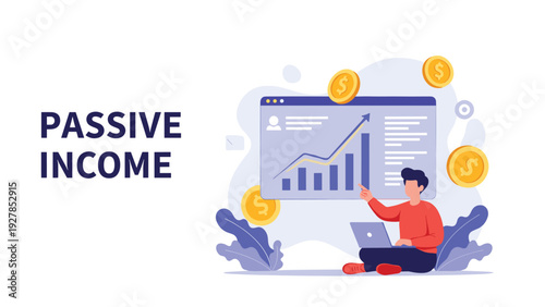 Young man using a laptop to monitor his passive income through a growing bar chart and floating golden coins on a digital screen.