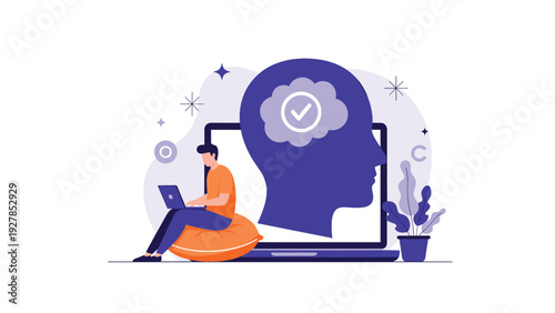 Professional man working on a laptop in front of a large head profile containing a brain with a checkmark for mental health.