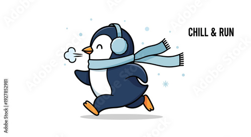Cartoon penguin running with headphones and scarf in winter scene