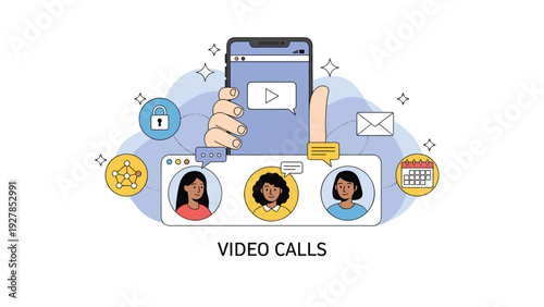 Hand holding a smartphone displaying a video player and profiles of three diverse women for an online video call meeting.