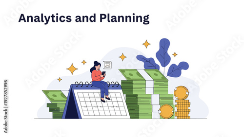 Young woman sitting on a large calendar surrounded by stacks of paper money and golden coins for financial analytics and planning.