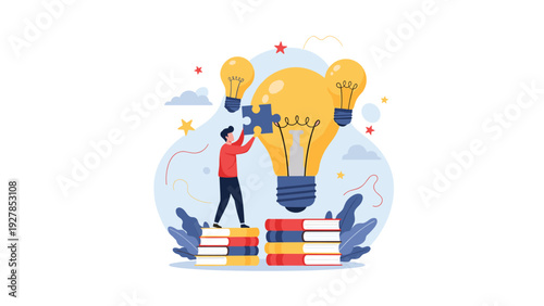 Creative man standing on a stack of books and inserting a puzzle piece into a large light bulb to represent a complete idea.