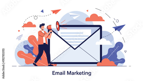 Marketing professional with a megaphone shouting next to a giant envelope with paper planes symbolizing an effective email campaign.