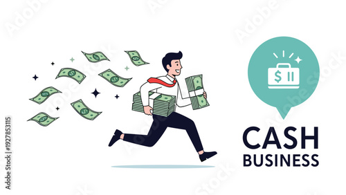 Happy businessman running fast with huge stacks of cash in his hands while more money bills fly in the air behind him.