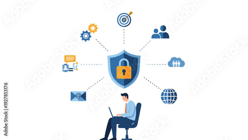 Professional man working on a laptop surrounded by data security icons and a large shield with a padlock for network protection.