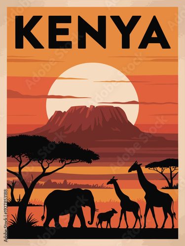 Retro Kenya poster, stylized African wildlife illustration with elephant giraffes and orange sunset art