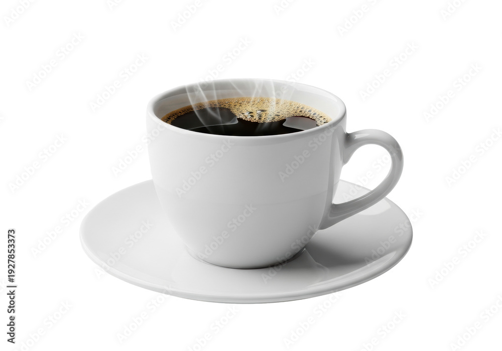 Fototapeta premium White ceramic mug of hot espresso with crema and steam on a saucer against a transparent background with copy space, concept for premium beverage advertising