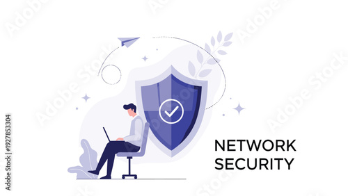 Man working on a laptop in front of a giant protective shield with a padlock and checkmark for total network security.