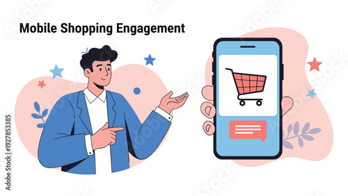 Young professional businessman points toward a smartphone screen showing a red shopping cart icon for mobile e-commerce engagement.