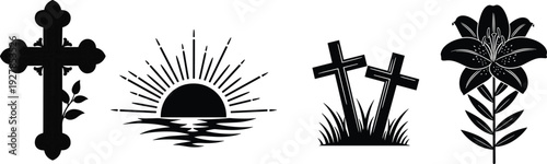 Christian religious symbol icon set featuring cross sunrise resurrection scene and lily flower in black silhouette vector style for faith design